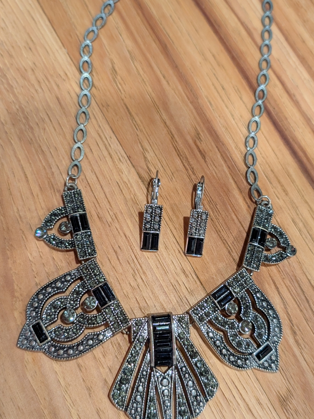 Vintage-Inspired Black and Silver Statement Necklace & Earring Set